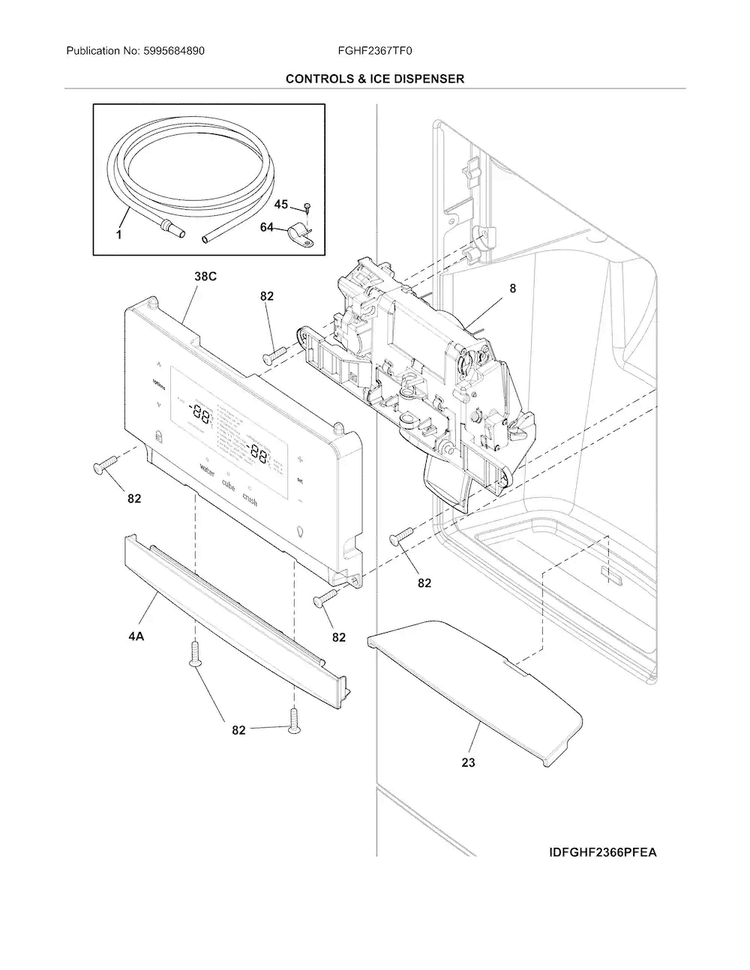 Controls & Ice Dispenser Diagram and Parts List for FGHF2367TF0  Frigidaire Refrigerator