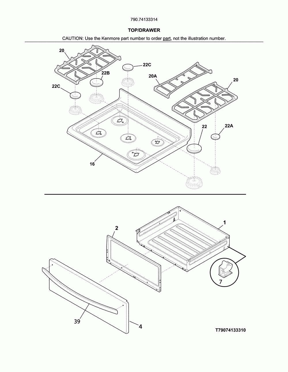 Top/drawer Diagram and Parts List for 79074133314  Kenmore Range