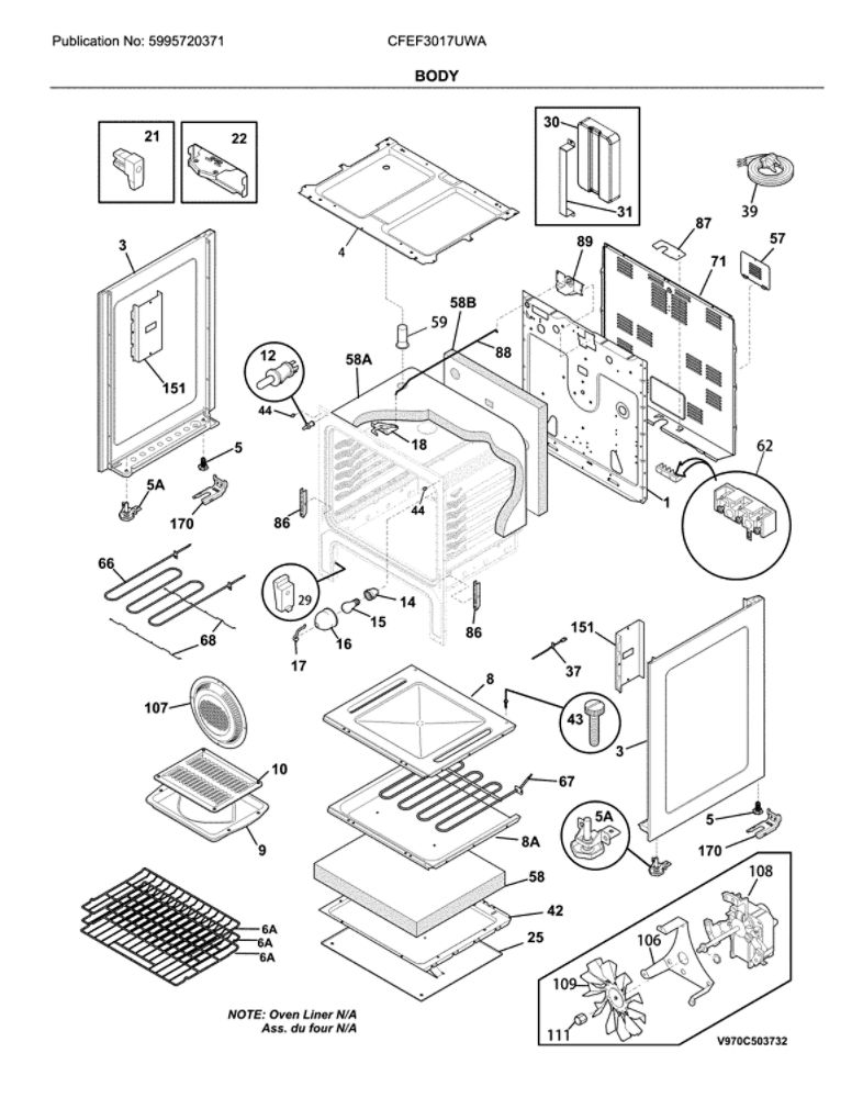 Body Diagram and Parts List for CFEF3017UWA  Frigidaire Range