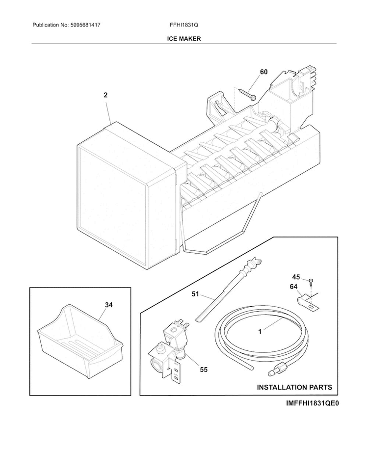 Ice Maker Diagram and Parts List for FFHI1831QE4  Frigidaire Refrigerator