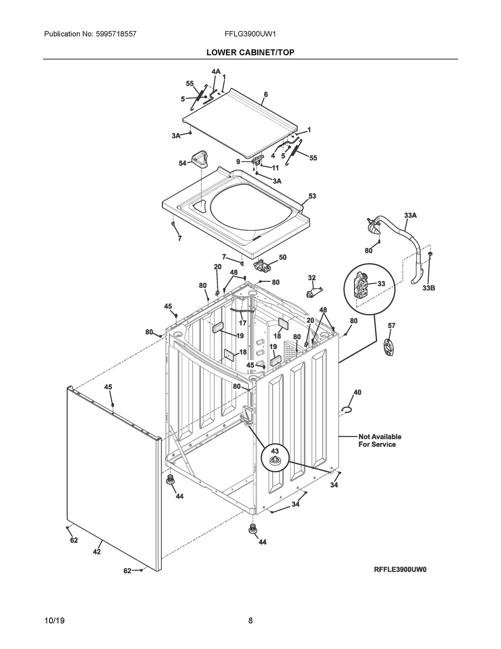 Lower Cabinet/top Diagram and Parts List for FFLG3900UW1  Frigidaire Washer Dryer Combo