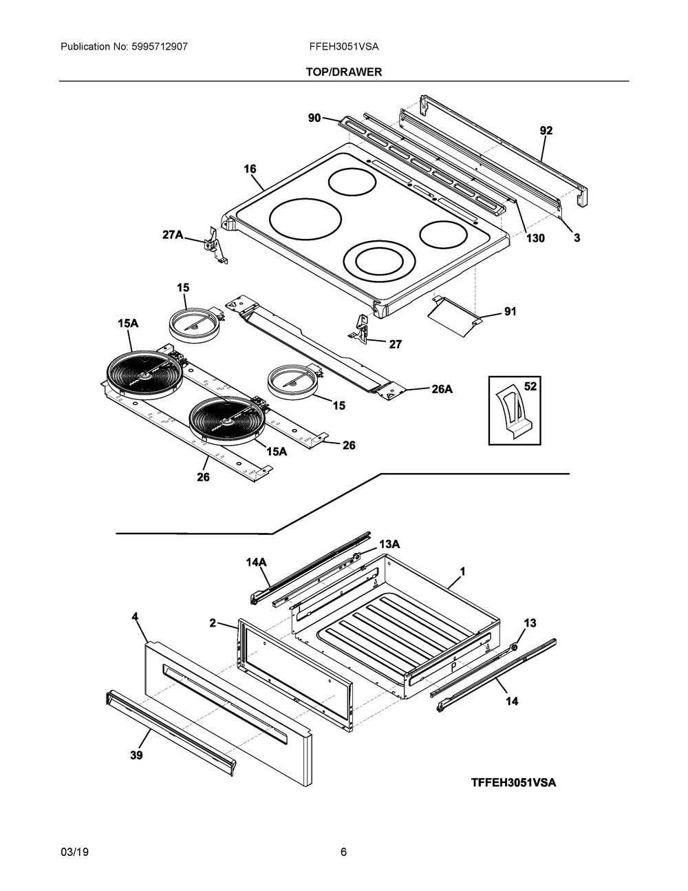 Top/drawer Diagram and Parts List for FFEH3051VSA  Frigidaire Range