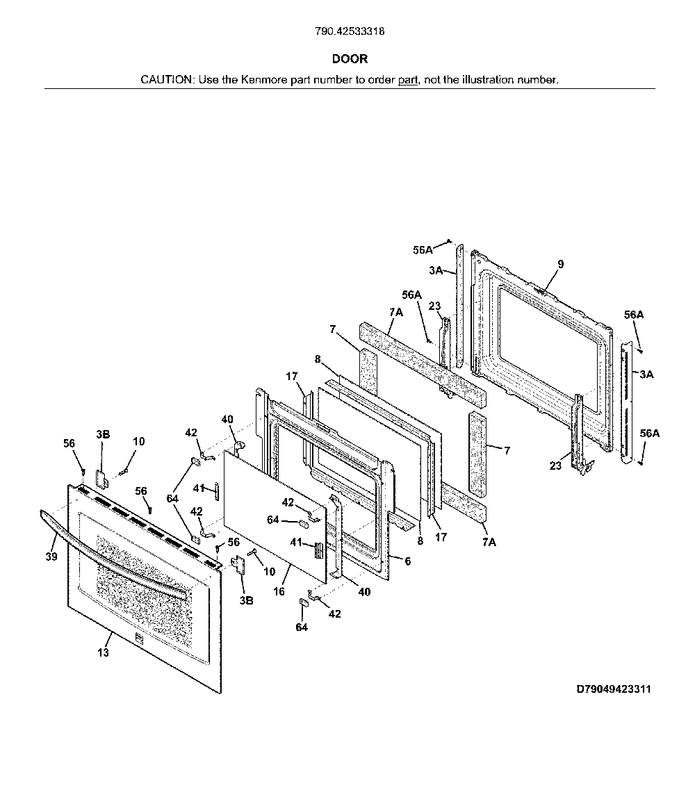 Door Diagram and Parts List for 79042533318  Kenmore Range