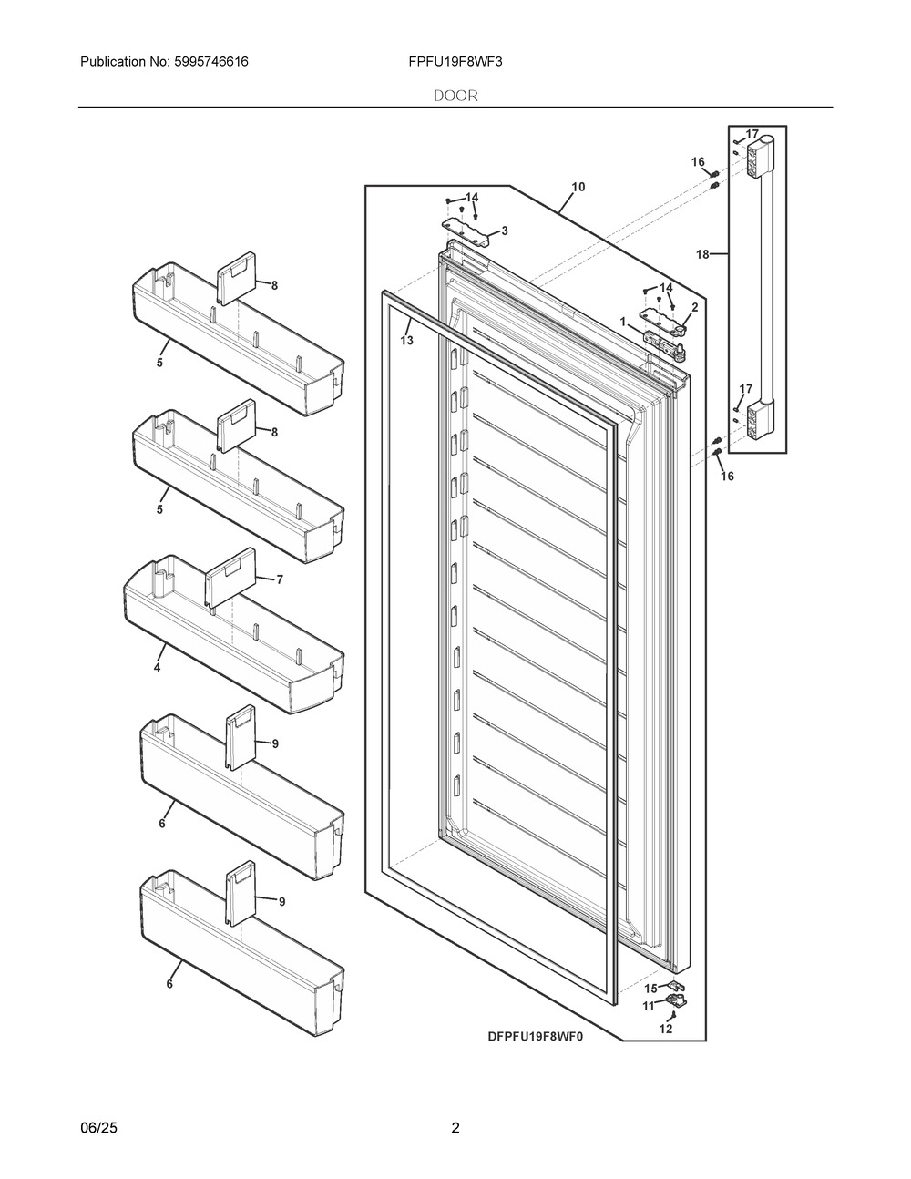 Door Diagram and Parts List for FPFU19F8WF3  Frigidaire Freezer