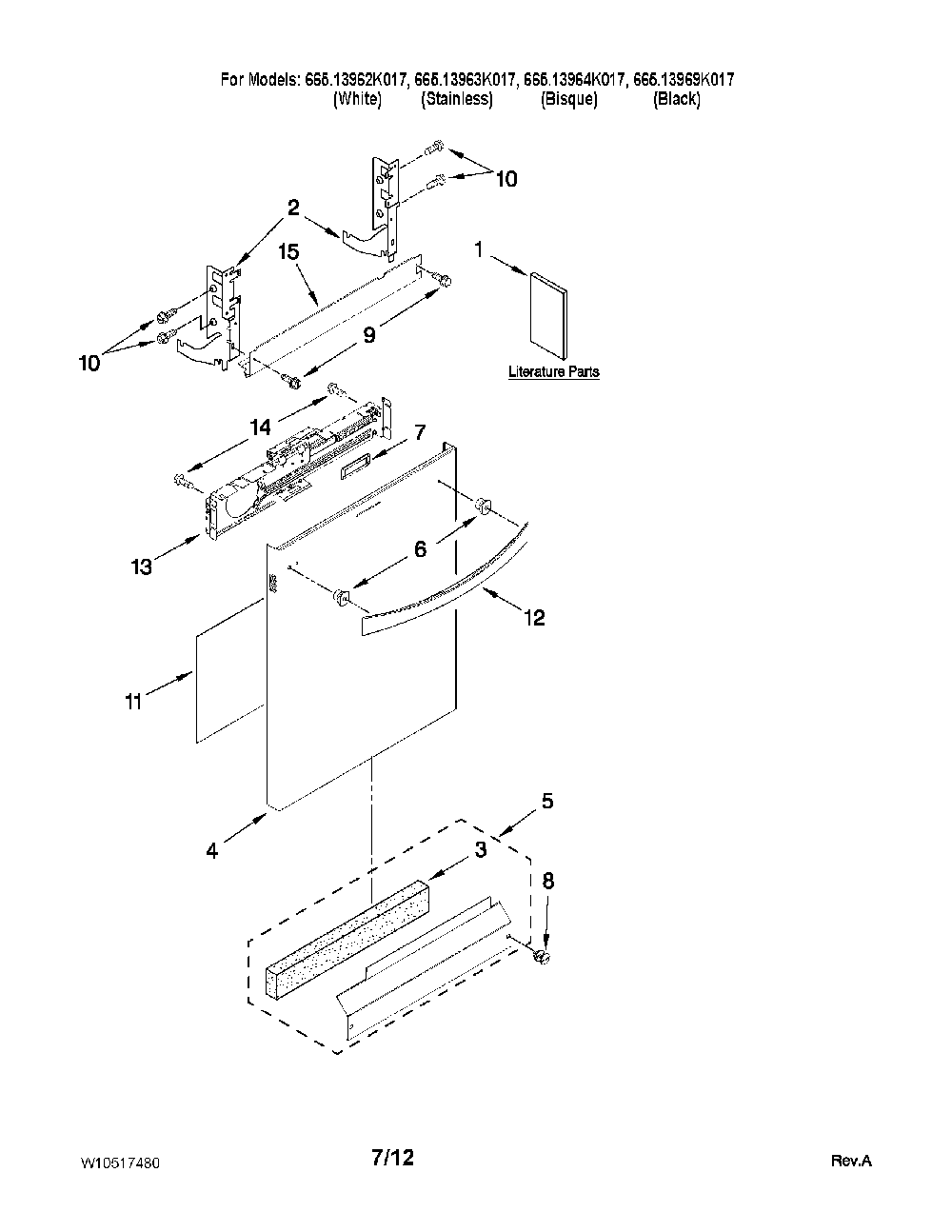 Door And Panel Diagram and Parts List for 66513963K017  Kenmore Dishwasher