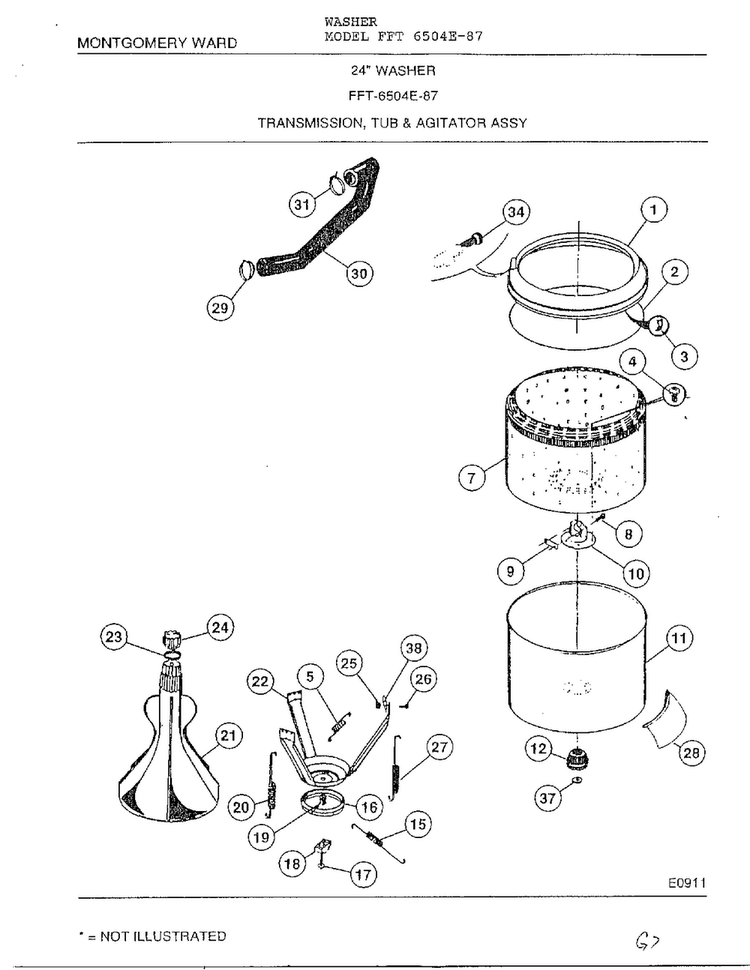 Transmission, Tub, Agitator Diagram and Parts List for 6504E-87  Frigidaire Washer