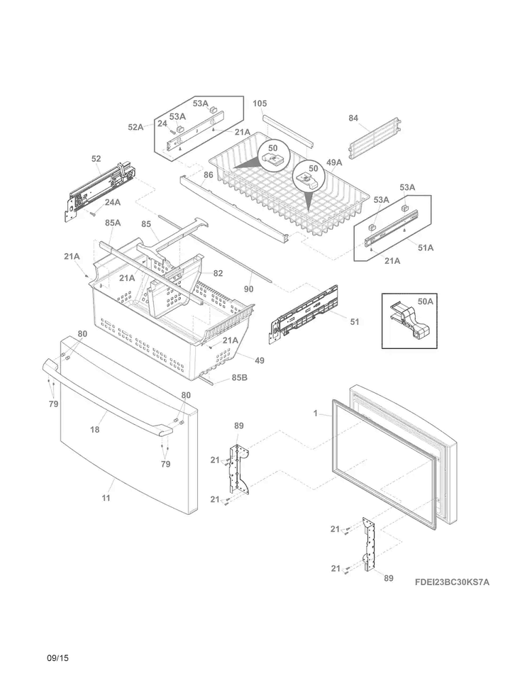 Freezer Drawer, Baskets Diagram and Parts List for EI23BC35KSAA  Electrolux Refrigerator