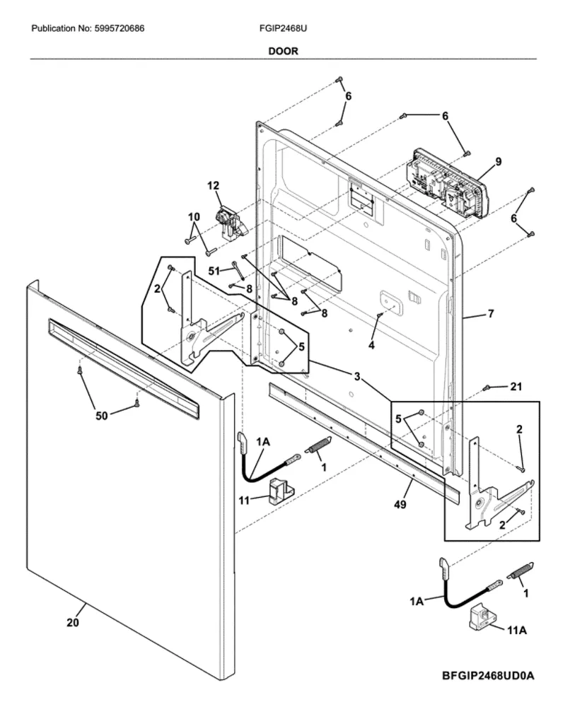 Door Diagram and Parts List for FGIP2468UD0A  Frigidaire Dishwasher