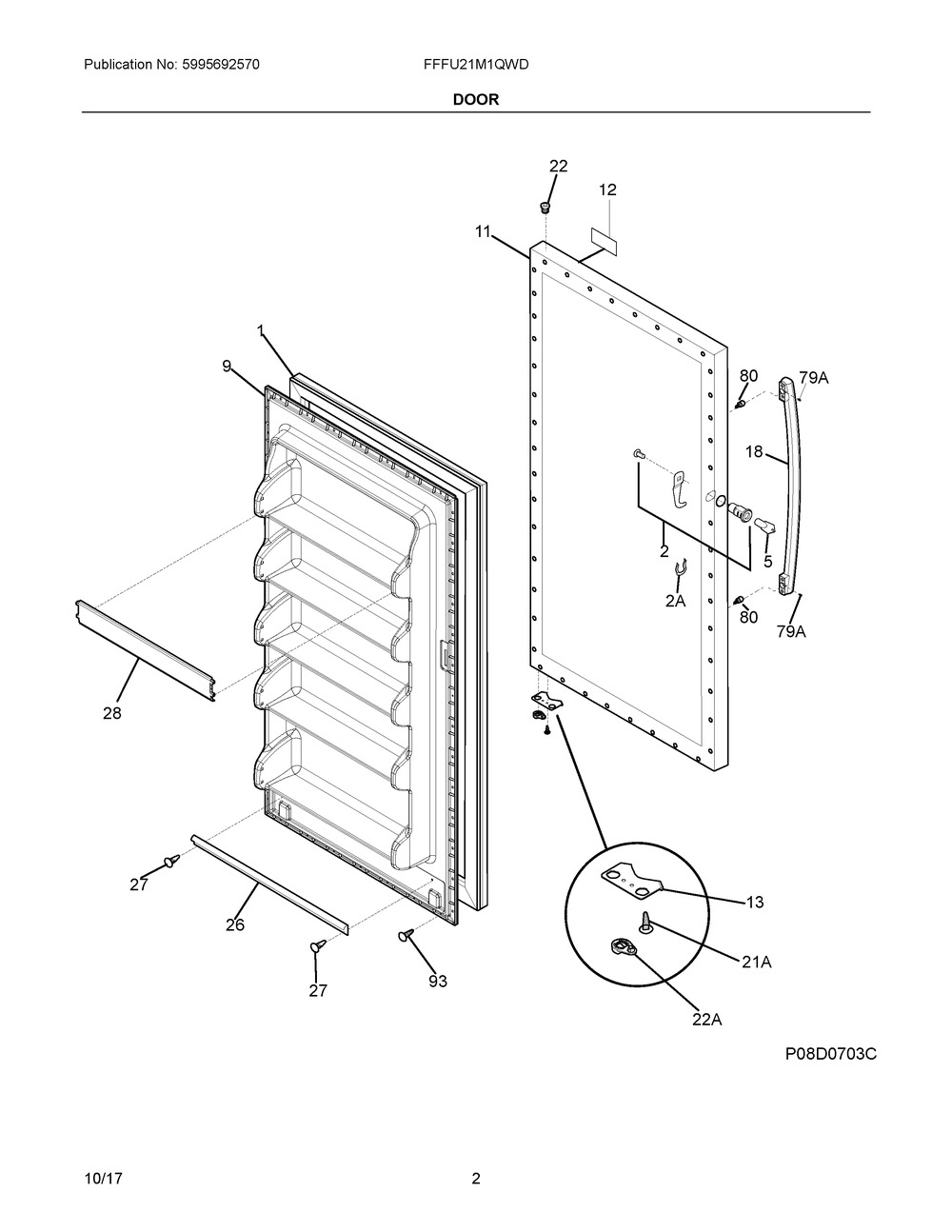 Door Diagram and Parts List for FFFU21M1QWD  Frigidaire Freezer