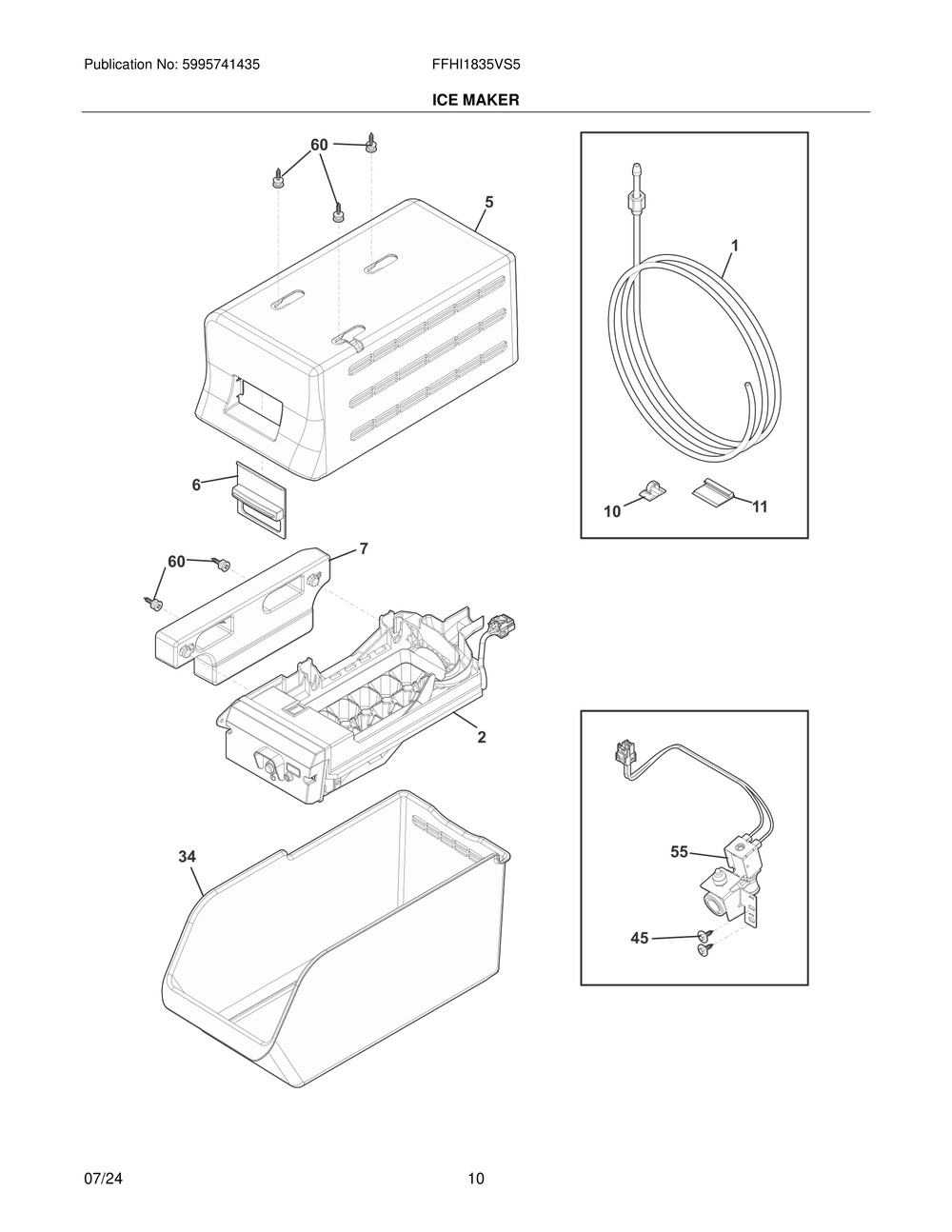 Ice Maker Diagram and Parts List for FFHI1835VS5  Frigidaire Refrigerator