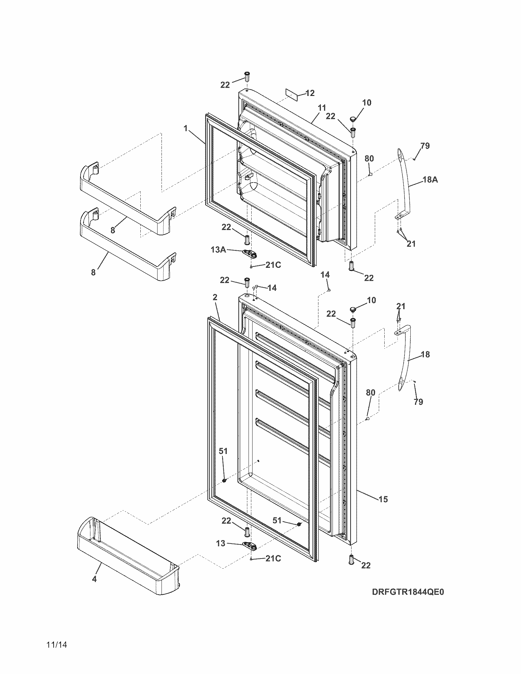 Doors Diagram and Parts List for FGTR2044QP1  Frigidaire Refrigerator