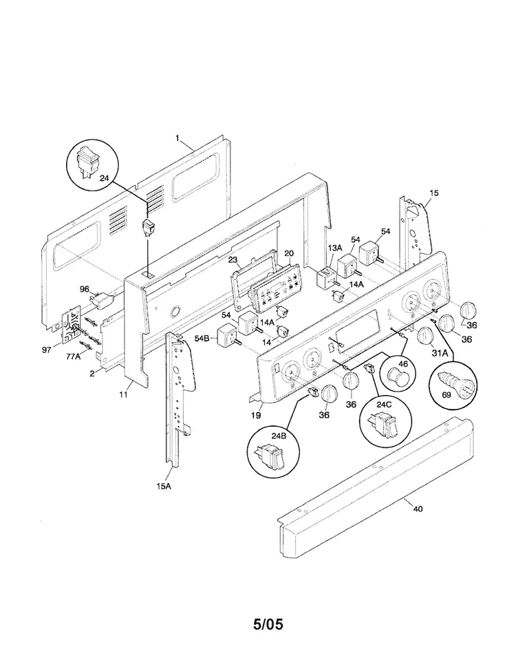 Backguard Diagram and Parts List for FEF376CJBA  Frigidaire Range