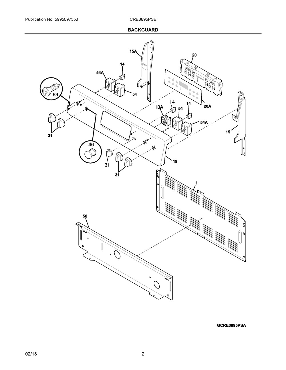 Backguard Diagram and Parts List for CRE3895PSE  Frigidaire Range