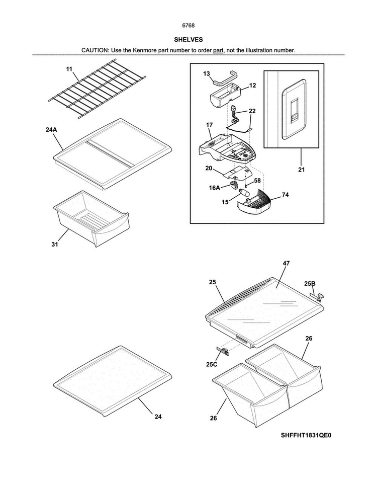 Shelves Diagram and Parts List for 25367683413  Kenmore Refrigerator