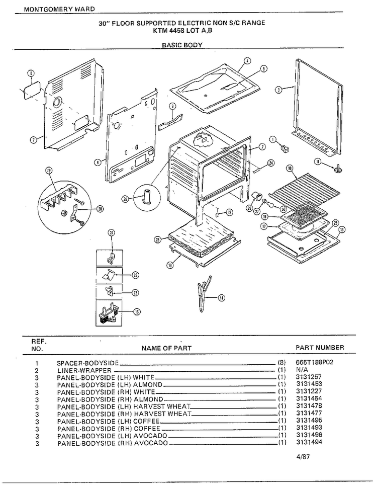 30" Floor Supported Elec Basic Body Diagram and Parts List for 4458B  Frigidaire Range