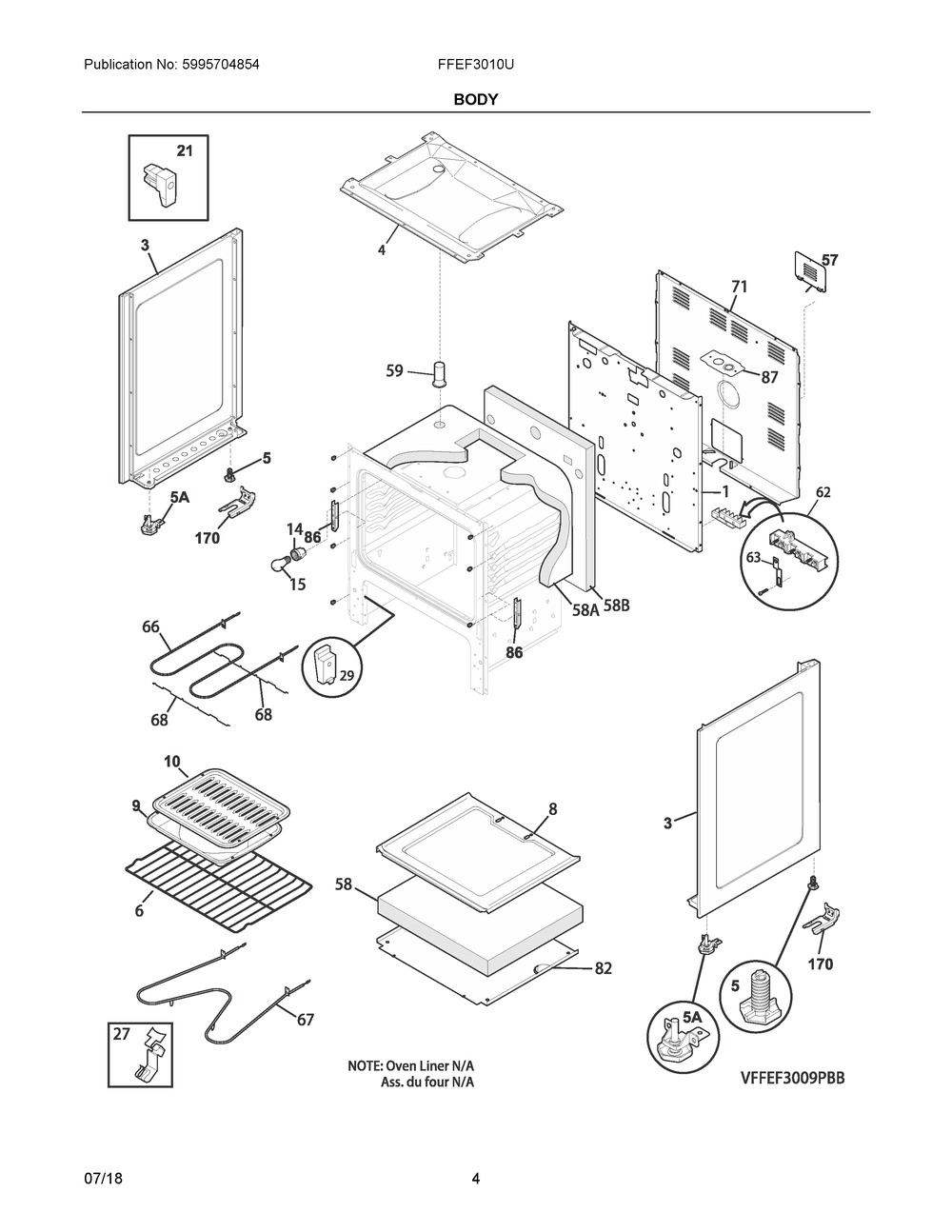 Body Diagram and Parts List for FFEF3010UWA  Frigidaire Range