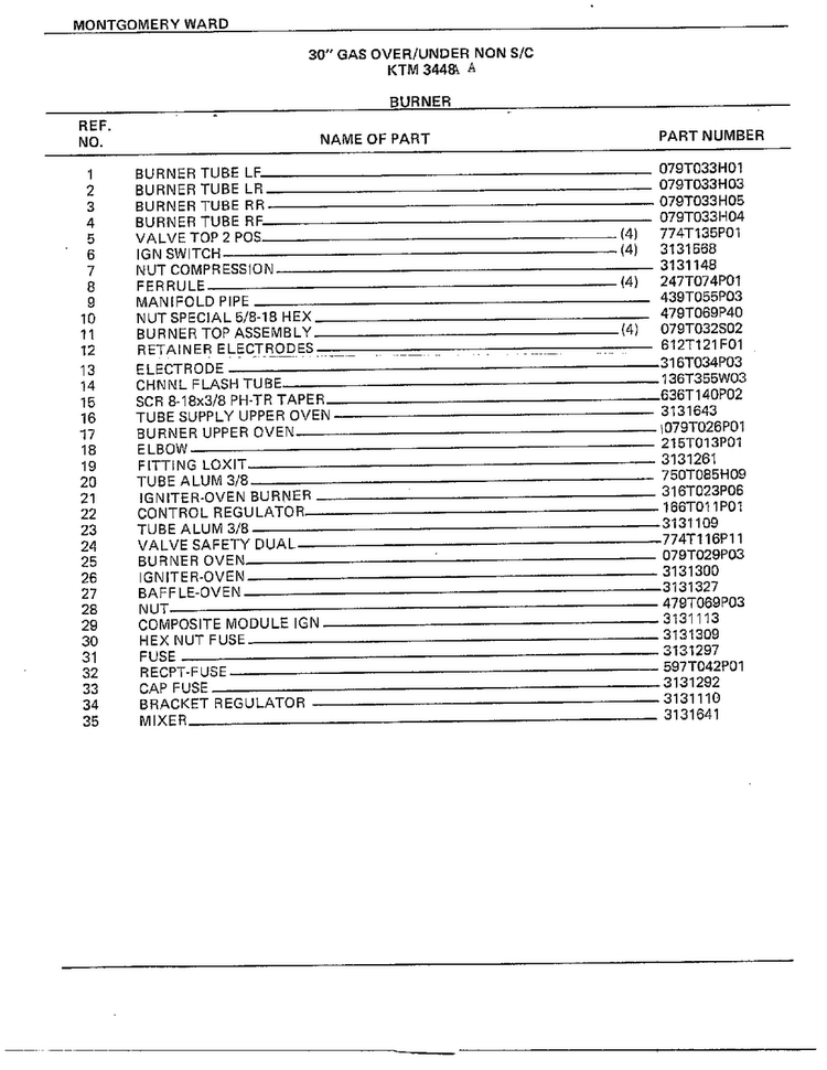 30" Gas Over/under Burner Page 2 Diagram and Parts List for 3448A  Frigidaire Range