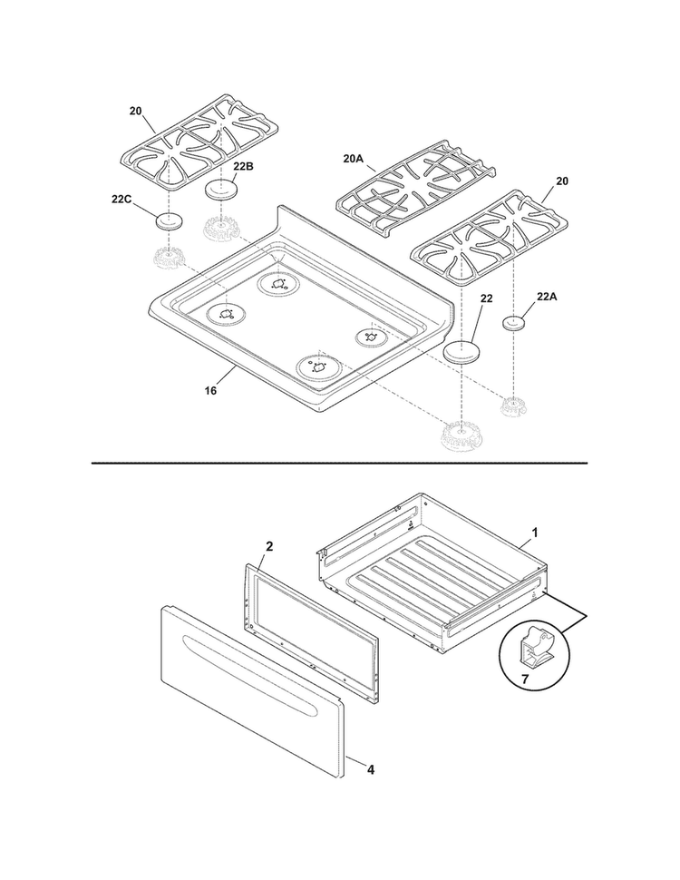 Top/drawer Diagram and Parts List for FFGF3027LWC  Frigidaire Range