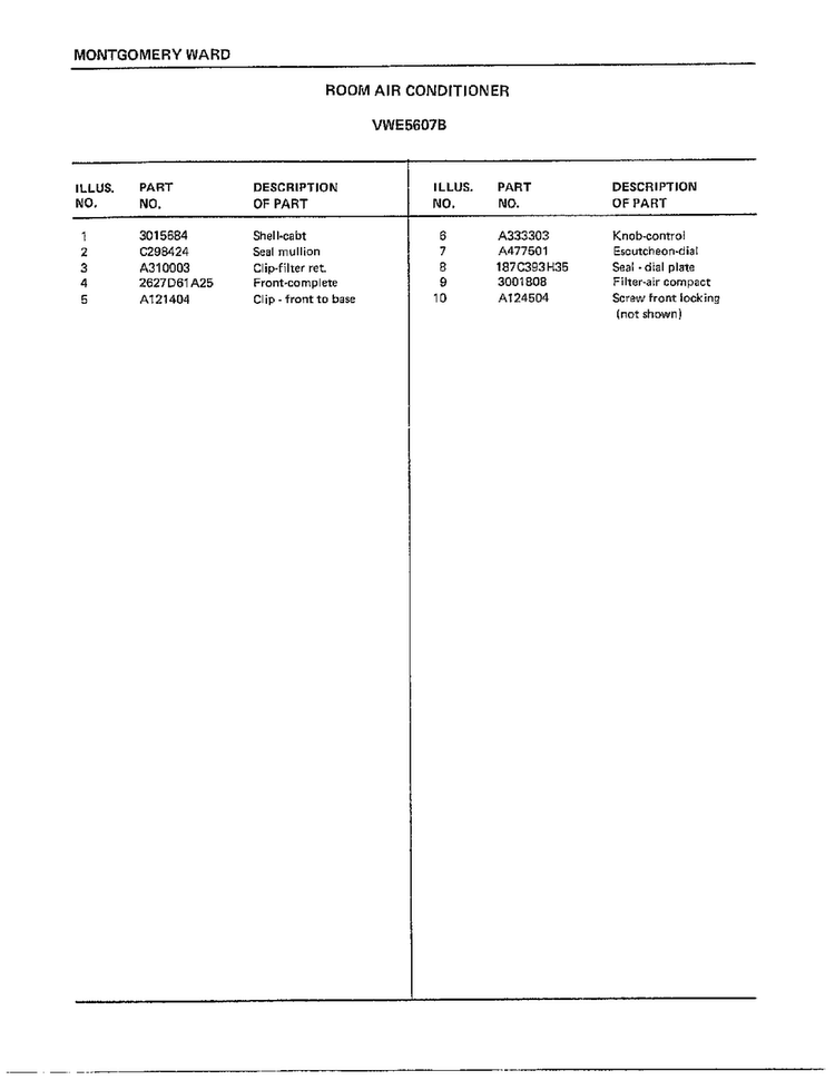 Room Air Conditioner Page 2 Diagram and Parts List for 5607B  Frigidaire Air Conditioner