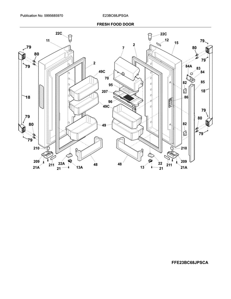 Fresh Food Door Diagram and Parts List for E23BC68JPSGA  Electrolux Refrigerator