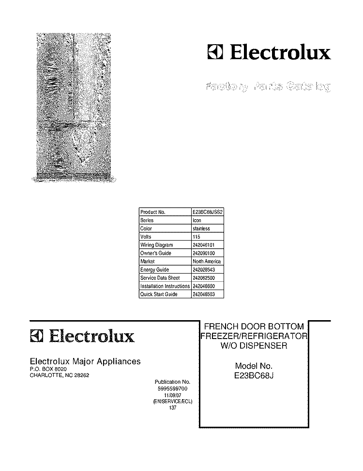 COVER Diagram and Parts List for E23BC68JSS2  Electrolux Refrigerator