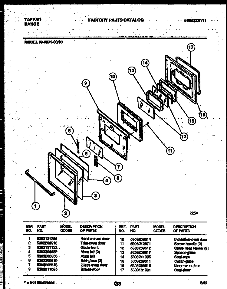 DOOR PARTS Diagram and Parts List for 30-3979-00-08  Tappan Range