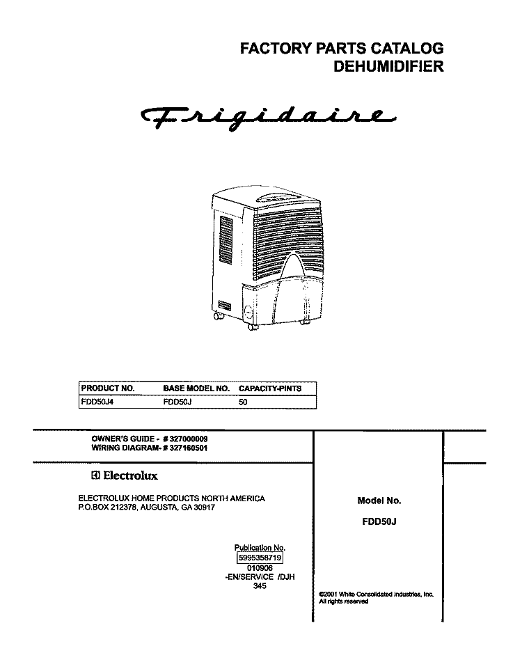 COVER Diagram and Parts List for FDD50J4  Frigidaire Dehumidifier