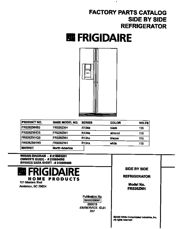 COVER Diagram and Parts List for FRS26ZNHD3  Frigidaire Refrigerator