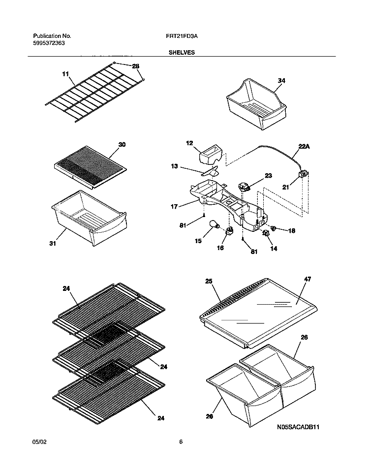 SHELVES Diagram and Parts List for FRT21FD3AZ4  Frigidaire Refrigerator