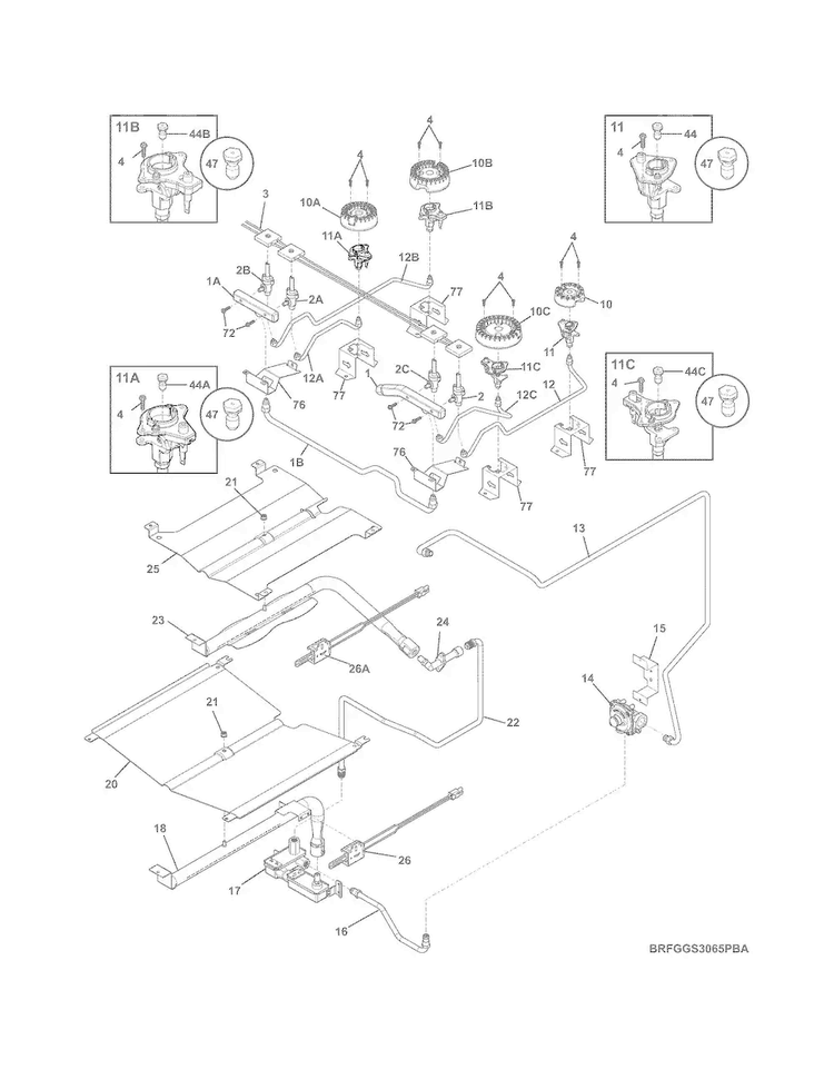 Burner Diagram and Parts List for FGGS3065PFC  Frigidaire Range