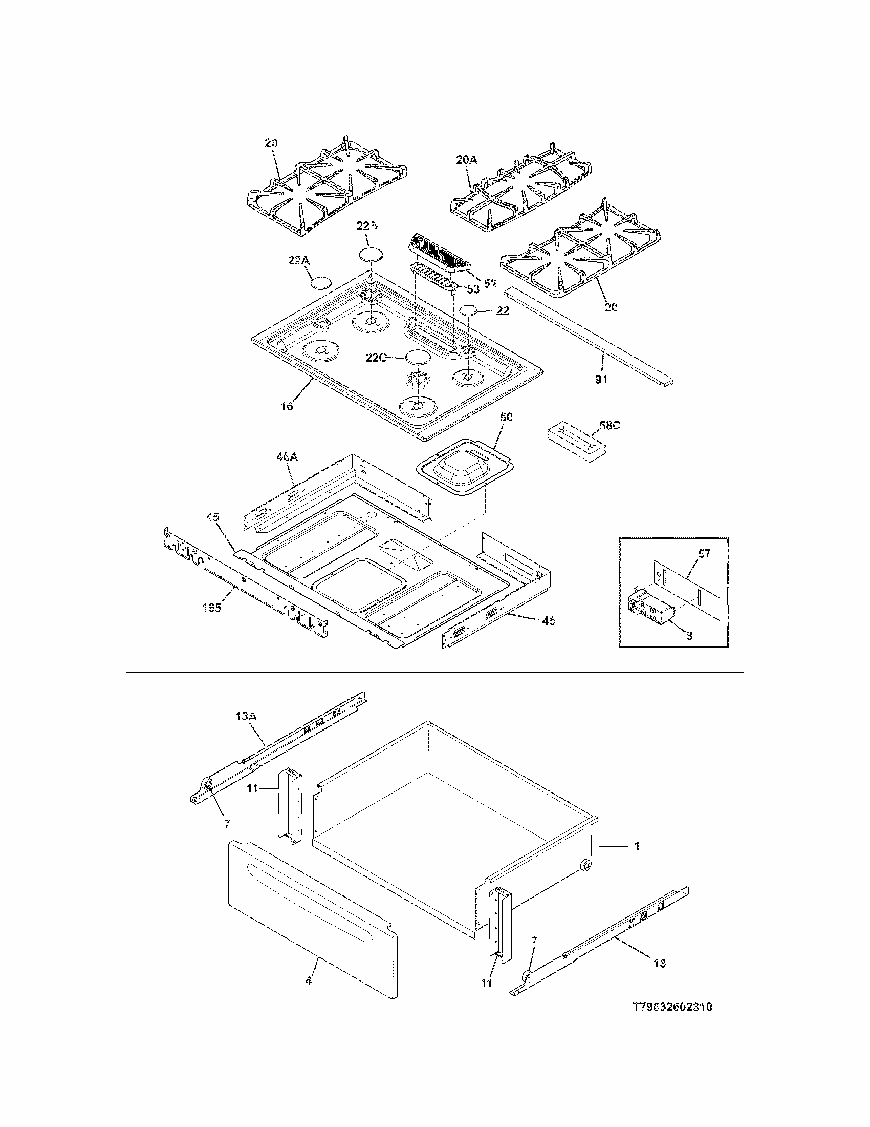 Top/drawer Diagram and Parts List for 79032602312  Kenmore Range