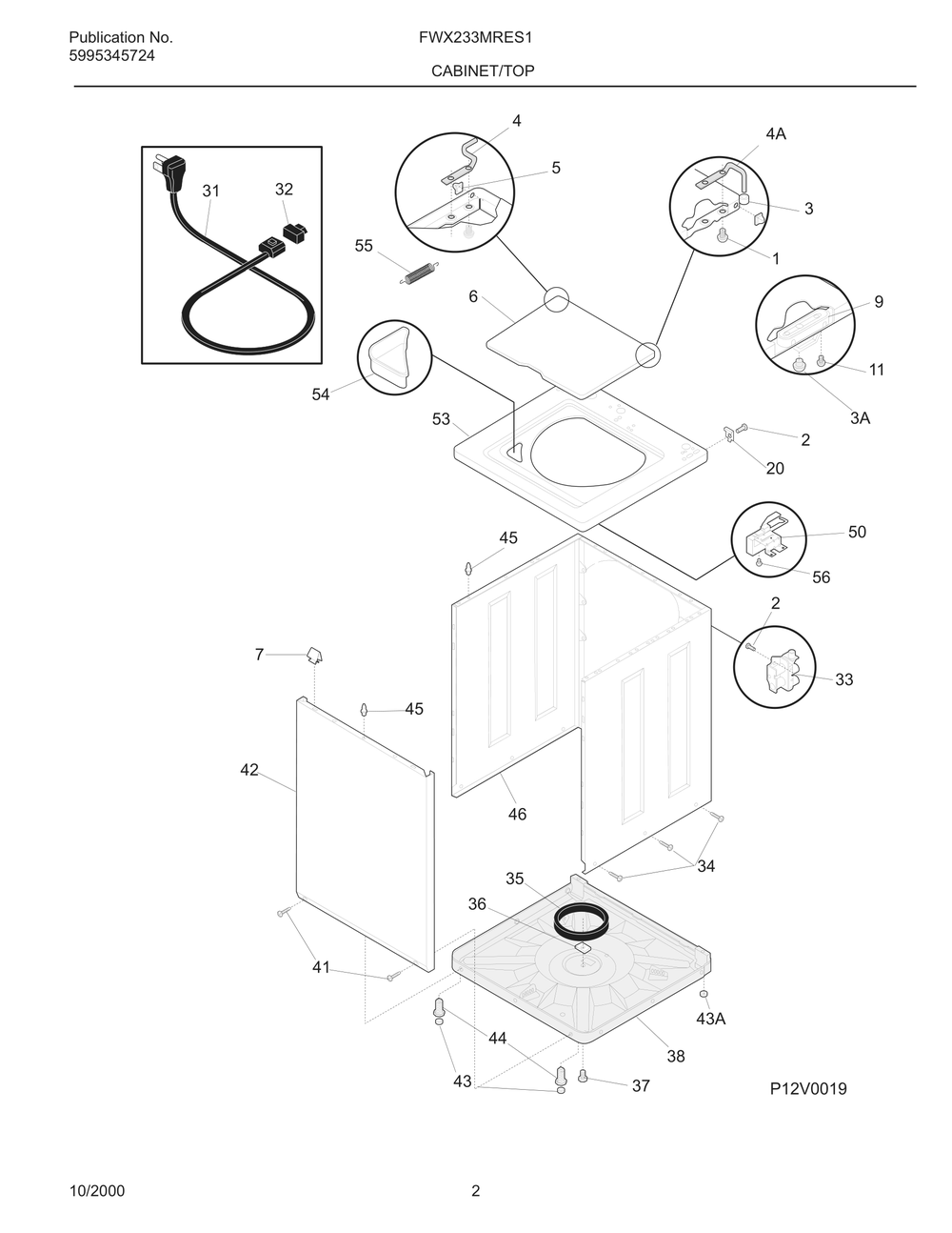 Cabinet/Top Diagram and Parts List for FWX233MRES1  Frigidaire Washer