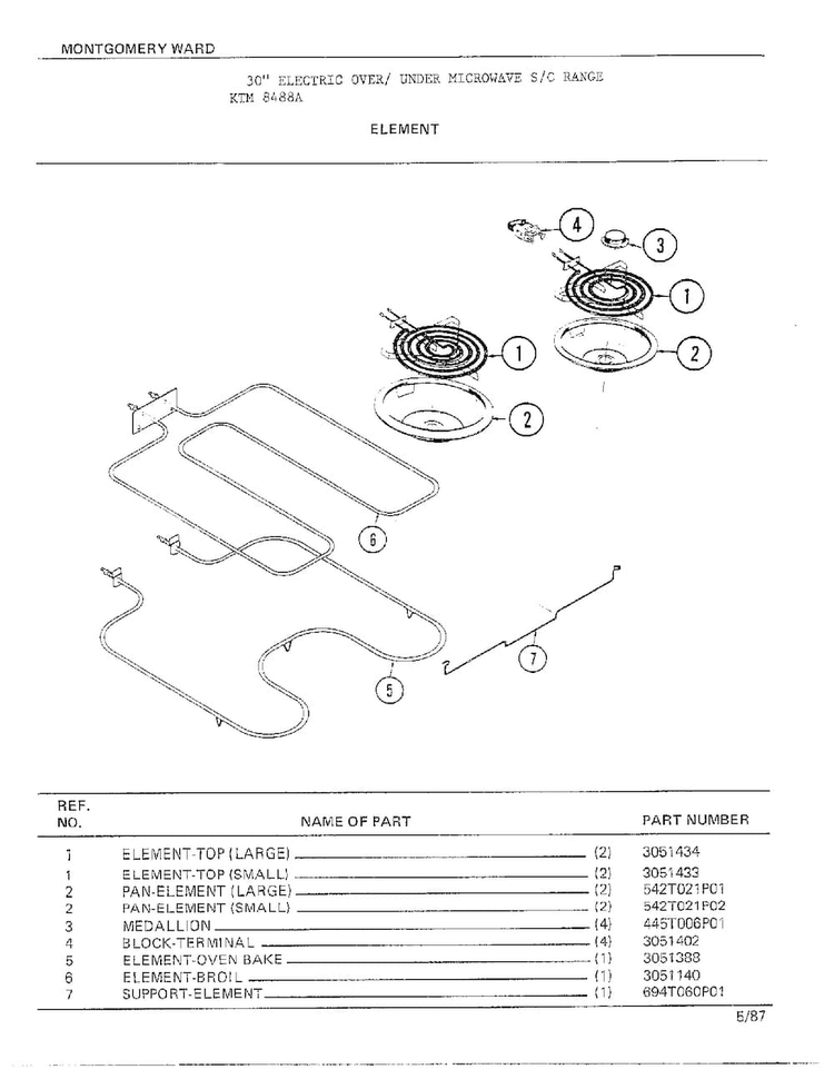 Element Diagram and Parts List for 8488A  Frigidaire Range