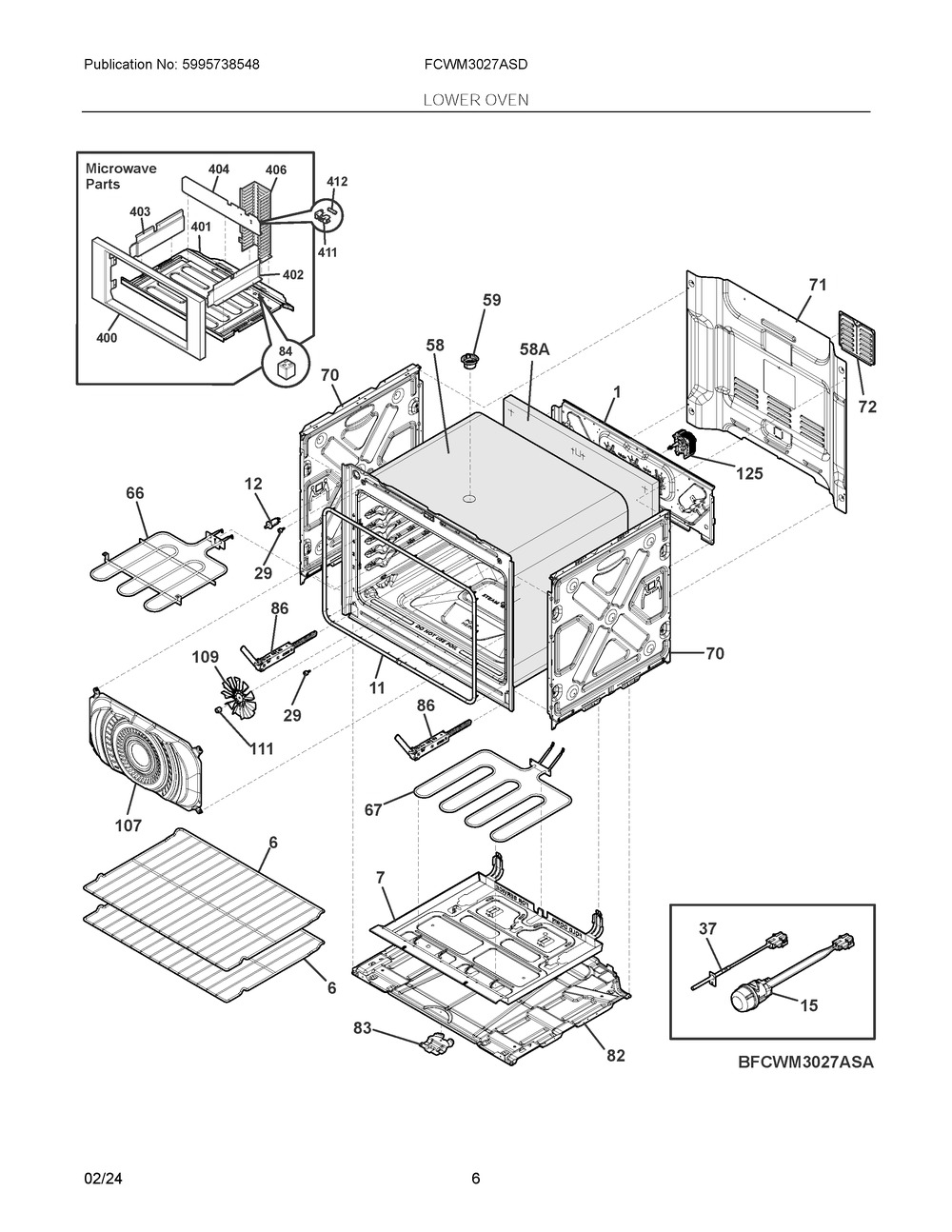 Lower Oven Diagram and Parts List for FCWM3027ASD  Frigidaire Microwave Oven Combo