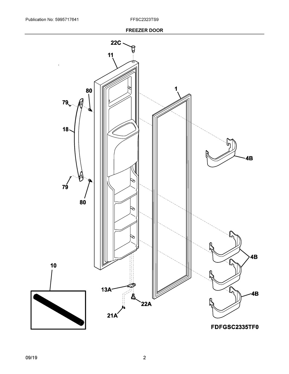 Freezer Door Diagram and Parts List for FFSC2323TS9  Frigidaire Refrigerator