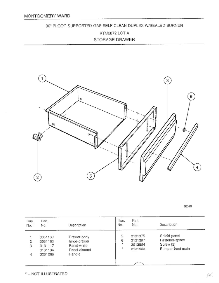 Storage Drawer Diagram and Parts List for 2872A  Frigidaire Range