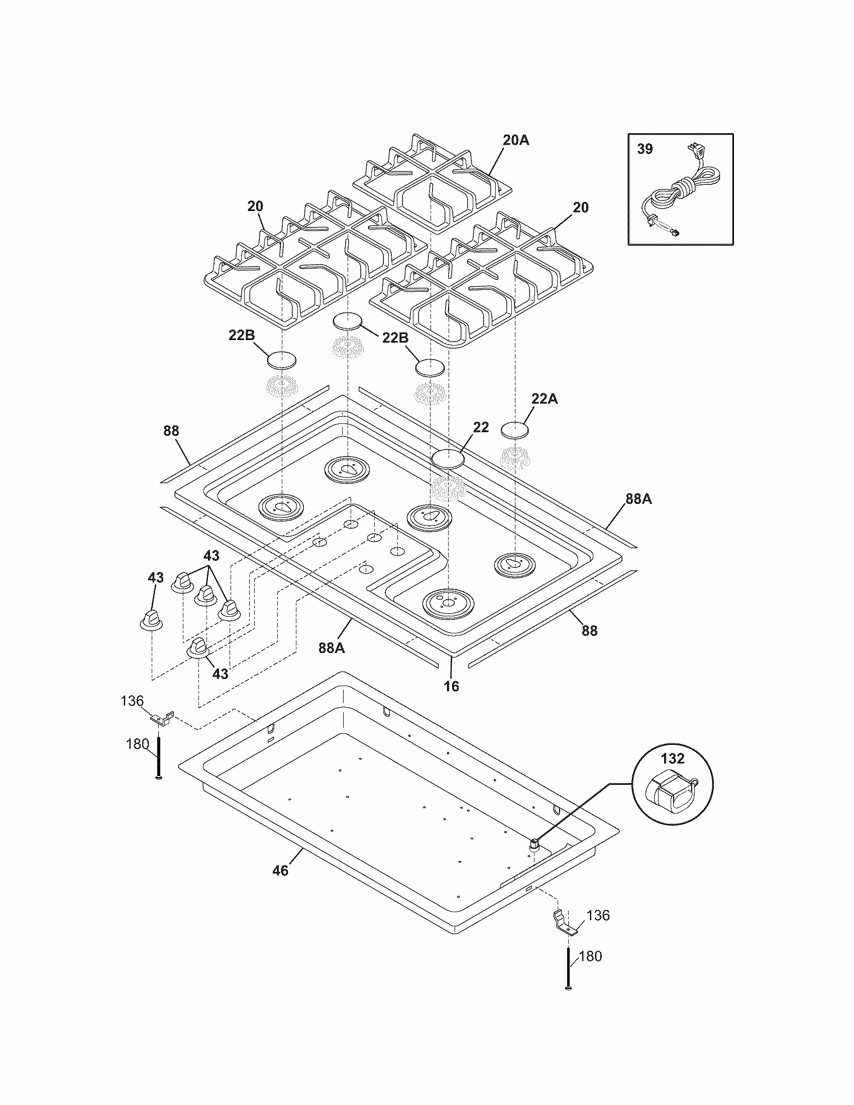 Maintop Diagram and Parts List for 79032242401  Kenmore Cooktop