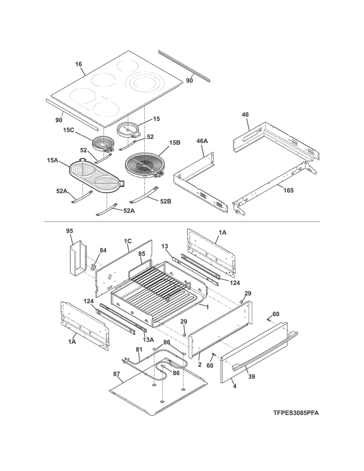 Top/drawer Diagram and Parts List for CPES3085PFE  Frigidaire Range