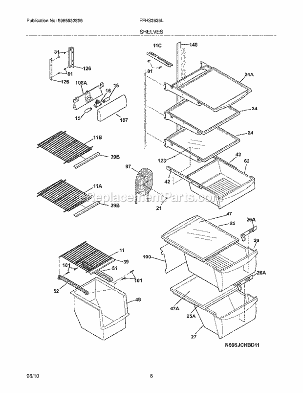 Shelves Diagram and Parts List for FFHS2626LP0  Frigidaire Refrigerator
