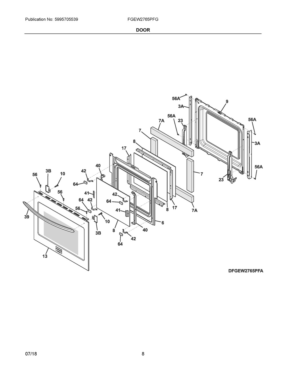 Door Diagram and Parts List for FGEW2765PFG  Frigidaire Wall Oven