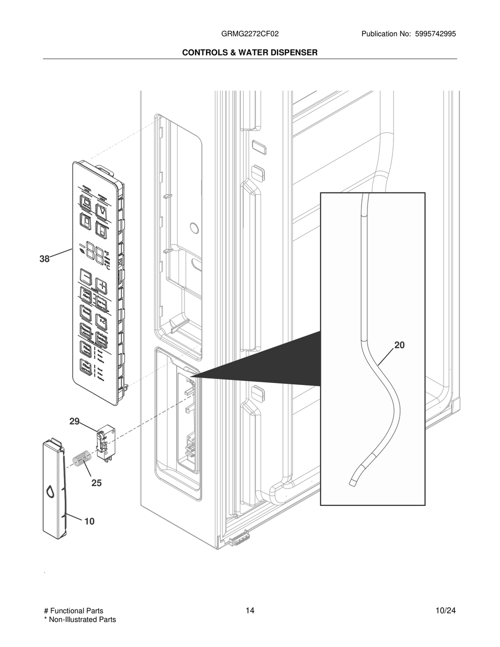 Controls And Water Dispenser Diagram and Parts List for GRMG2272CF02  Frigidaire Refrigerator
