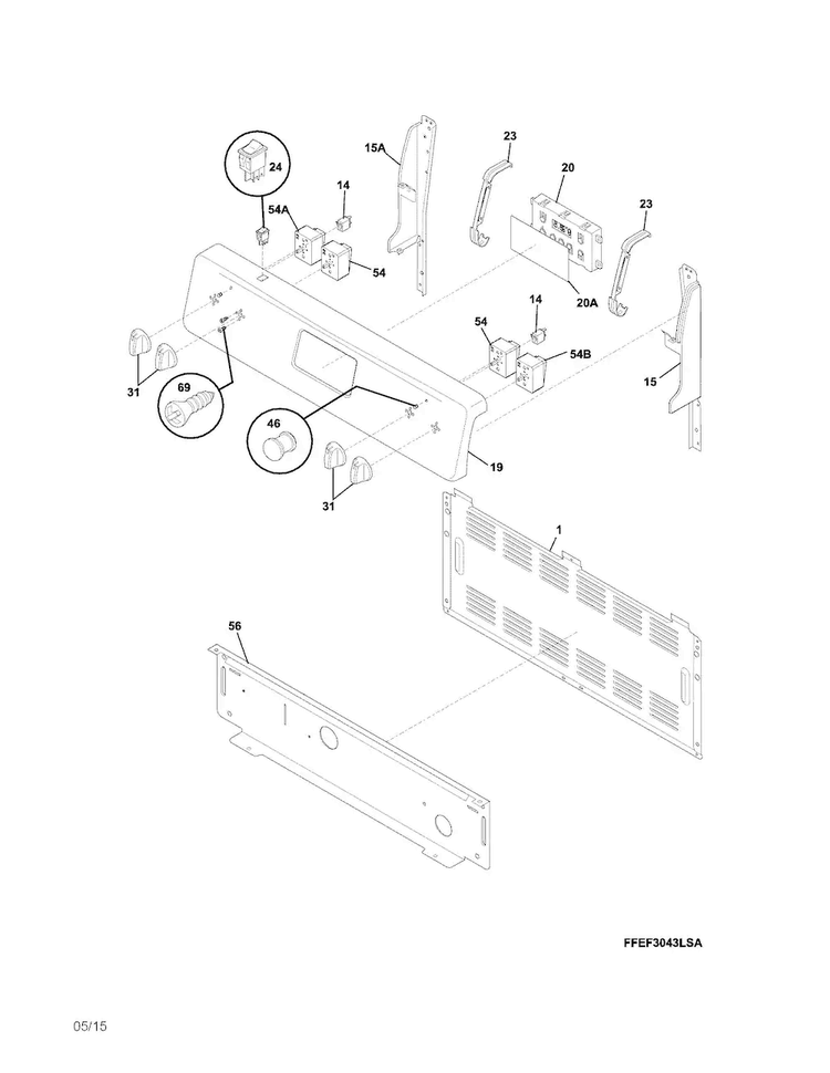 Backguard Diagram and Parts List for FFEF3043LSM  Frigidaire Range