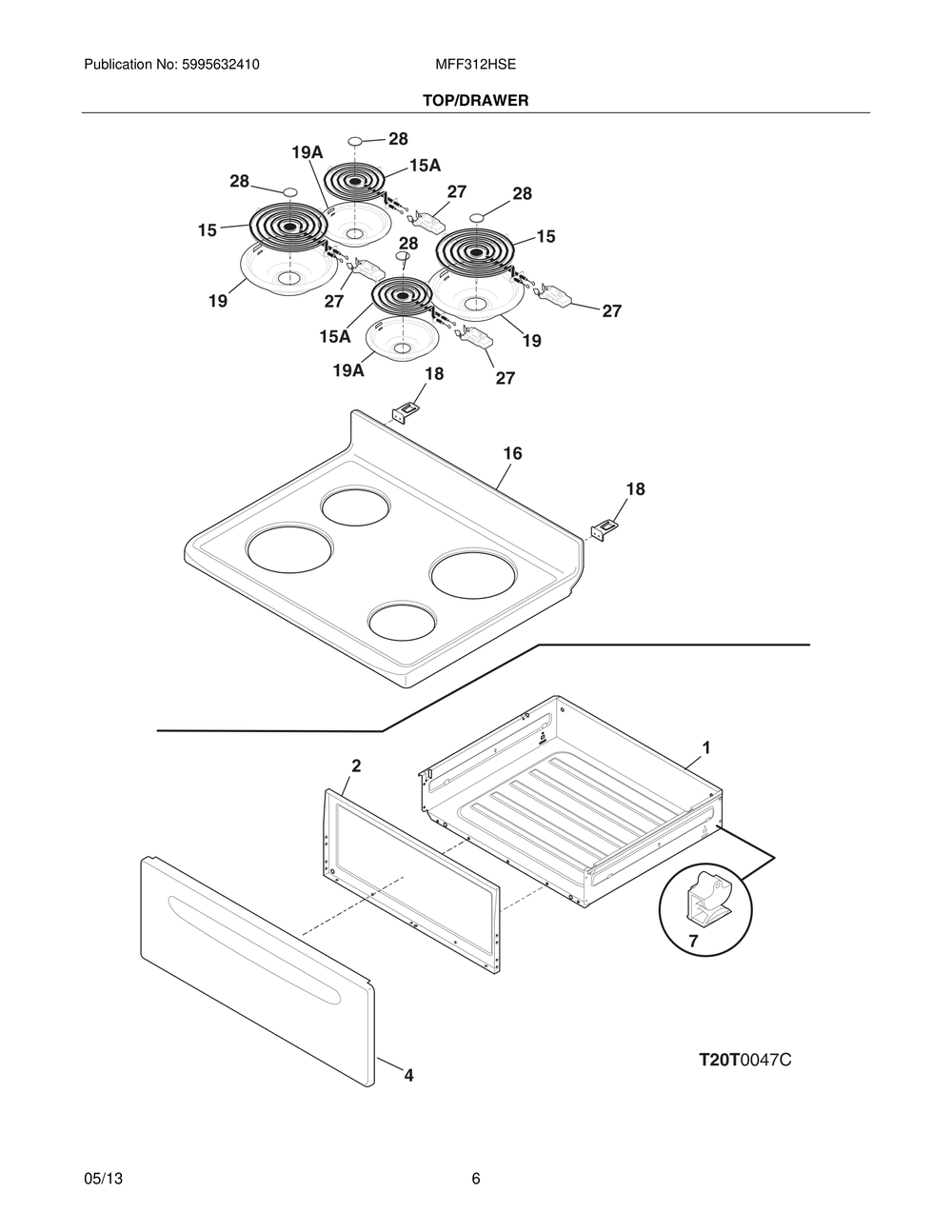 Top/Drawer Diagram and Parts List for MFF312HSE  Frigidaire Range