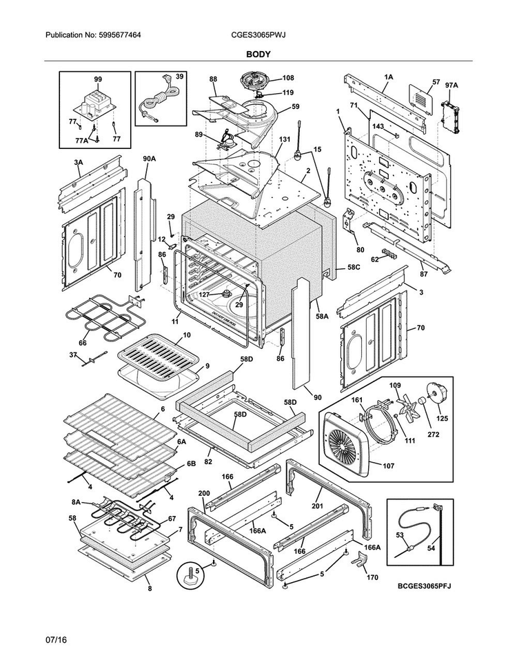 Body Diagram and Parts List for CGES3065PWJ  Frigidaire Range