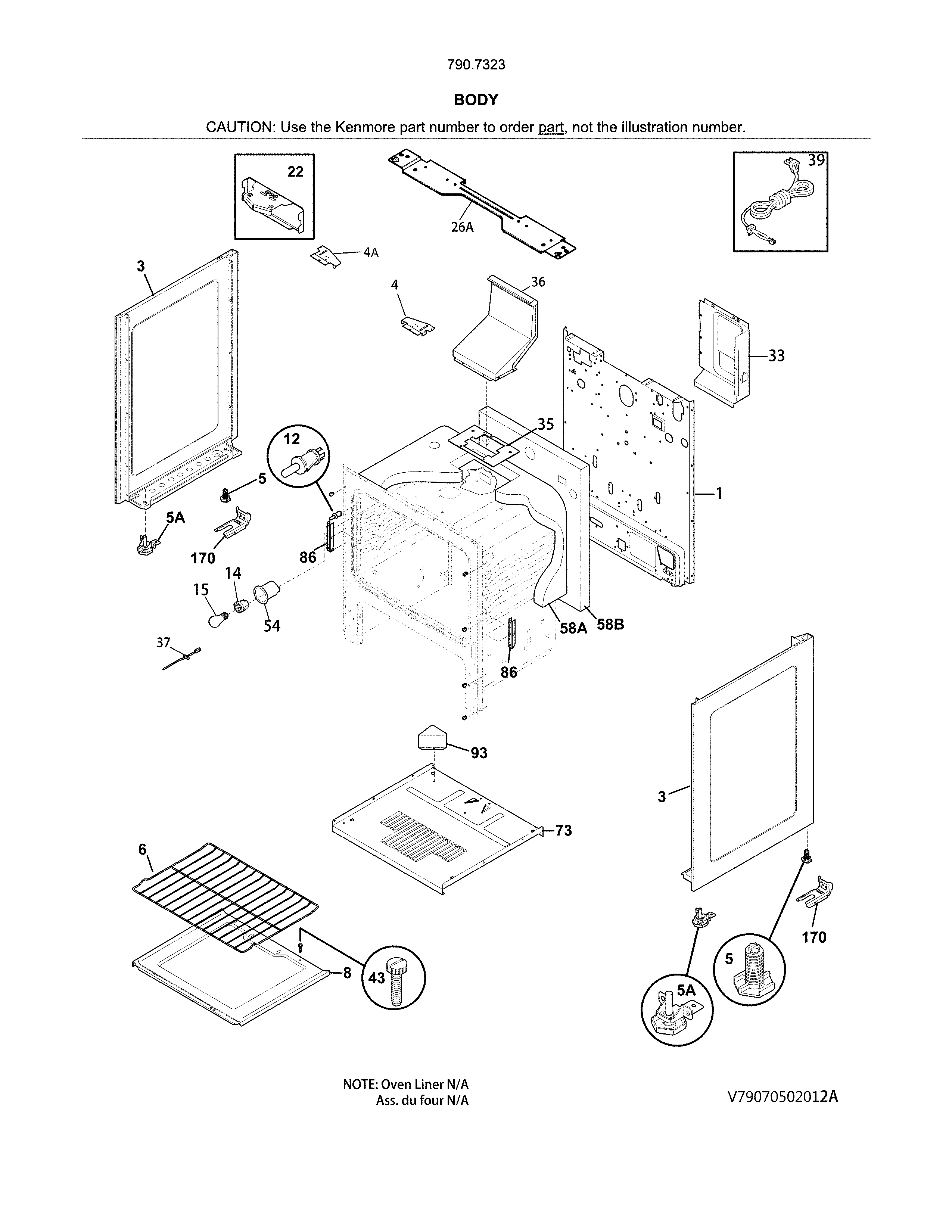 Body Diagram and Parts List for 79073232314  Kenmore Range