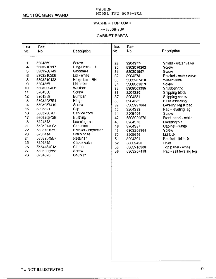 Cabinet Parts Page 2 Diagram and Parts List for 6009-80A  Frigidaire Washer