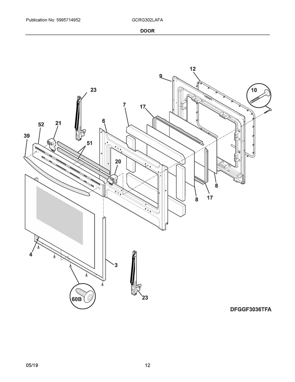 Door Diagram and Parts List for GCRG302LAFA  Frigidaire Range