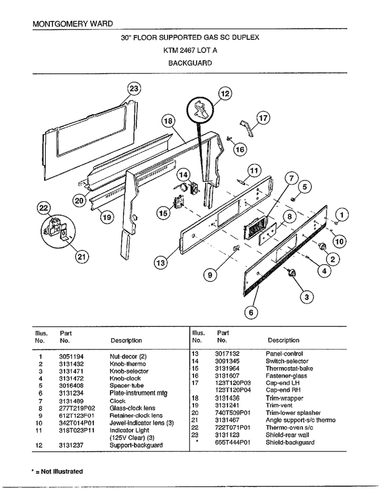 Backguard Diagram and Parts List for 2467A  Frigidaire Range
