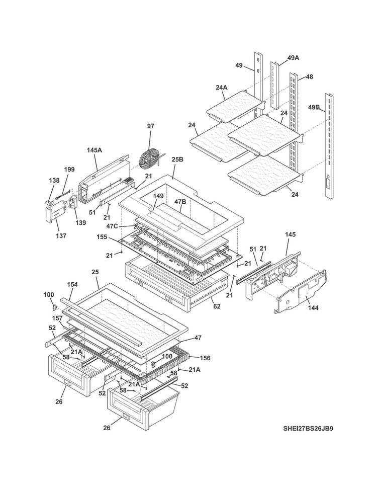 Shelves Diagram and Parts List for EI27BS26JBC  Frigidaire Refrigerator