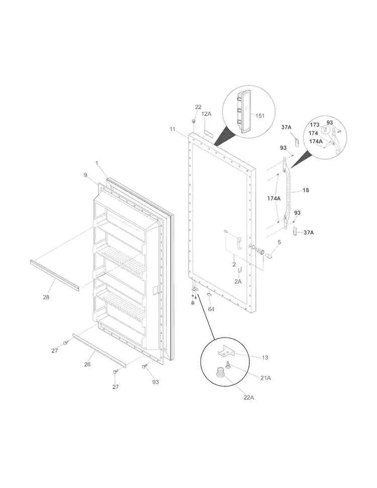 Door Diagram and Parts List for 253280528013  Kenmore Freezer
